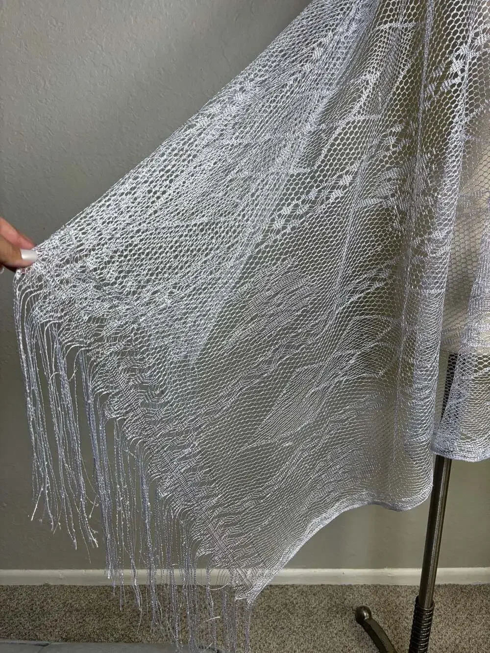 Silver Metallic Shimmer Lace Fringe Evening Shawl Wrap